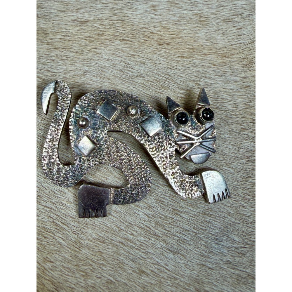 Vintage Ecuador 925 Sterling Silver Modernist Cat Brooch Pin Textured Artisan